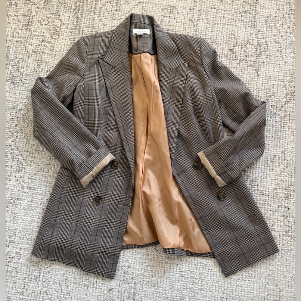 Topshop Brown Plaid Double-Breasted Blazer with Tan Lining